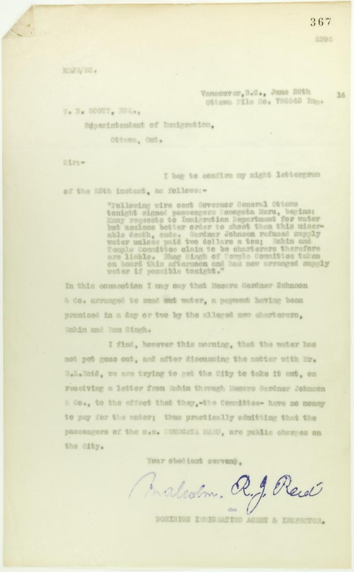 Copy of letter from Reid to W. D. Scott re provision of water