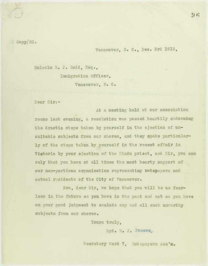 Copy of letter from W. J. Pascoe, Secretary, Ward 7 Ratepayers' Ass'n to Malcolm Reid, endorsing deportation of undesirables