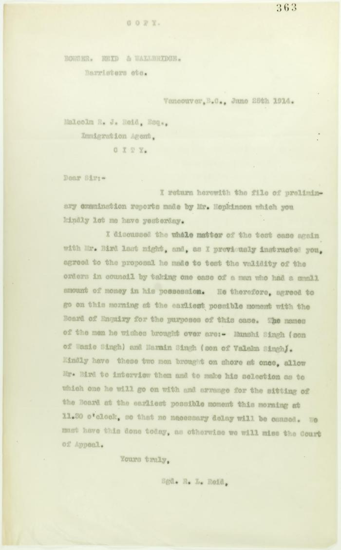 Copy of letter from R. L. Reid (Bowser, Reid and Wallbridge) to Malcolm Reid requesting that certain passengers be brought before the Board of Enquiry