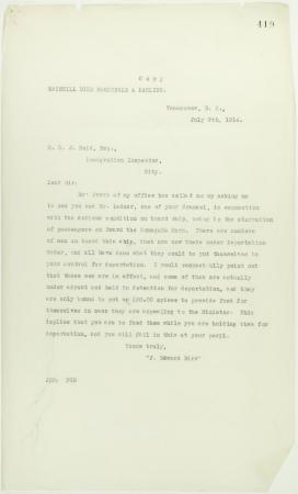 Copy of letter from J. E. Bird to Reid re provisions