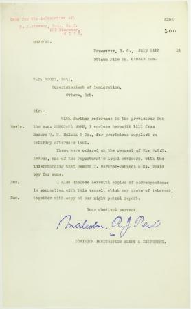 Copy of letter from Reid to W. D. Scott re provisions