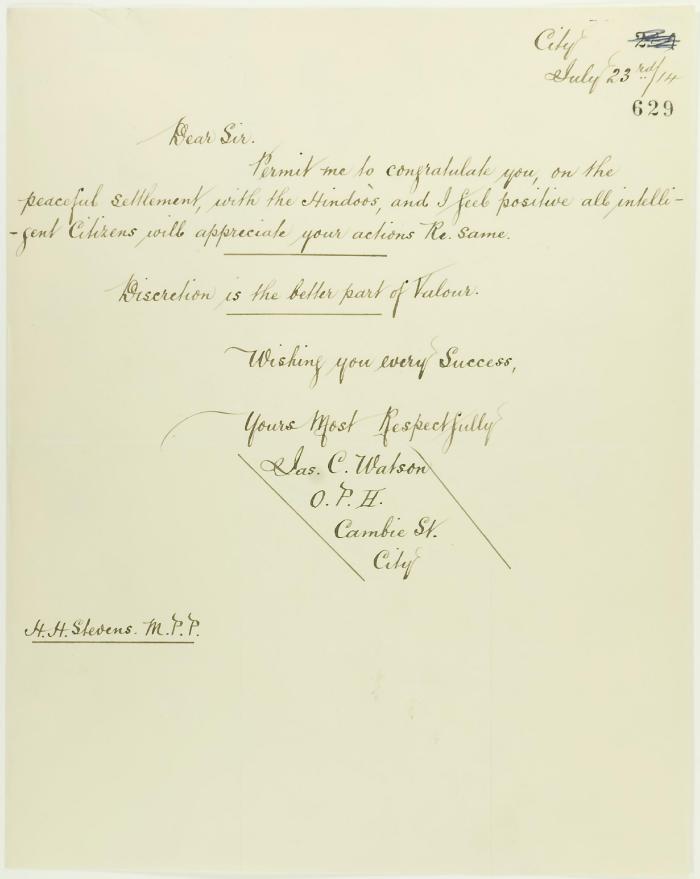 Letter from Jas. C. Watson to Stevens, congratulating him on a peaceful settlement