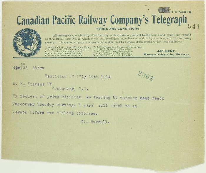 Copy of telegram from Martin Burrell to Stevens