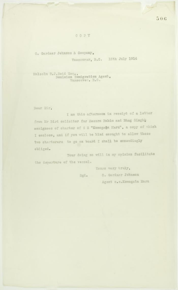 Copy of letter from C. Gardner Johnson to Reid (see p. 505)
