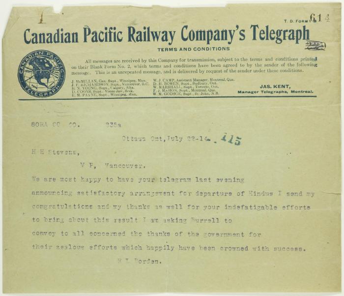 Telegram from R. L. Borden to Stevens re successful conclusion of Maru affair