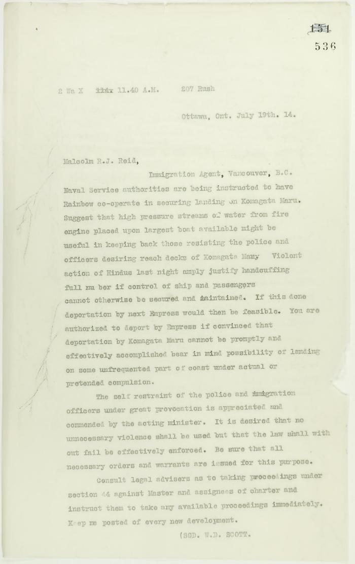 Copy of letter from W. D. Scott to Reid re Rainbow and police if needed during ship's departure