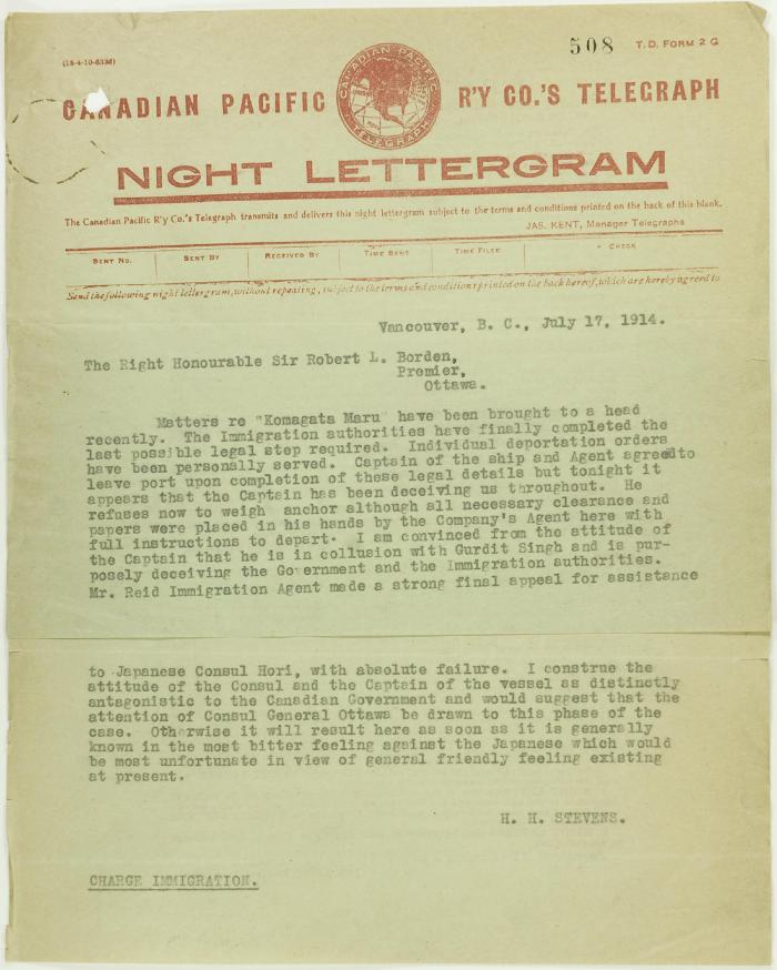 Copy of telegram from Stevens to R. L. Borden re departure of ship and antagonism of the Japanese consul