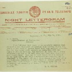 Telegram from Stevens to W. D. Scott re payment of special guards