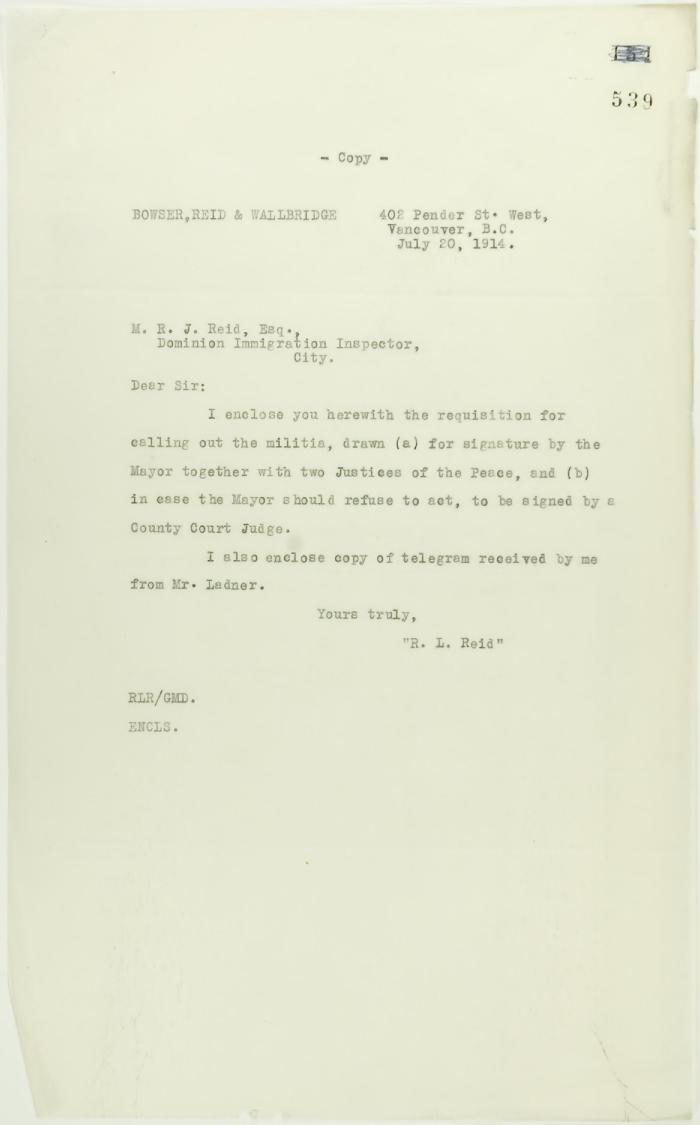 Copy of letter from Mr. Reid (lawyer) to Mr. Reid (Immigration Inspector) enclosing requisition for calling out the militia