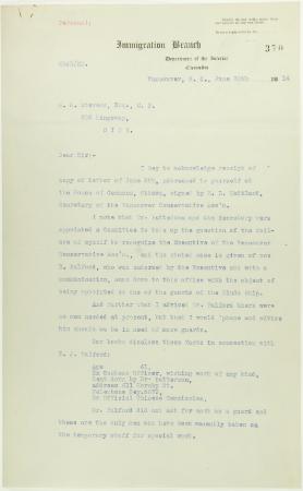 Letter from Reid to Stevens, answering complaints of the Vancouver Conservative Association. Page 1-5