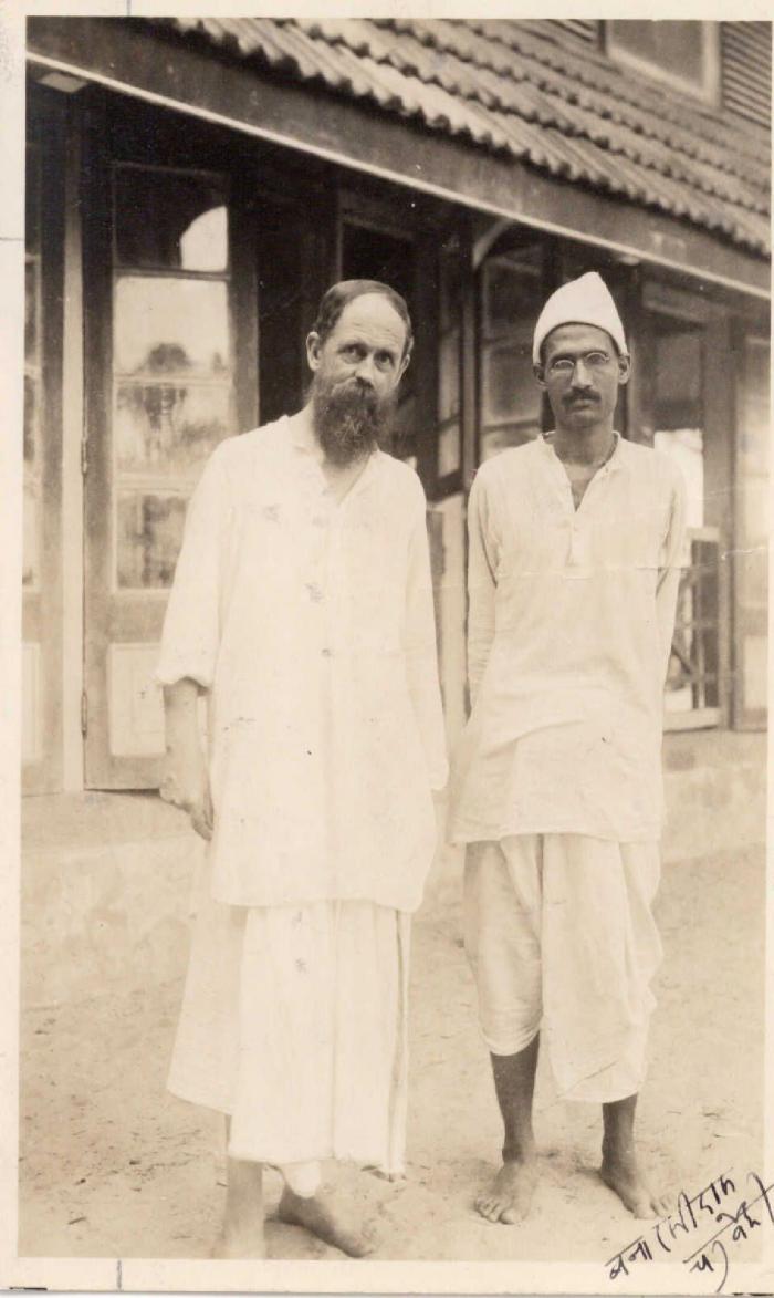 [Photo postcard of C. F. Andrews and Nana Swami, disciples of Gandhi, in India]
