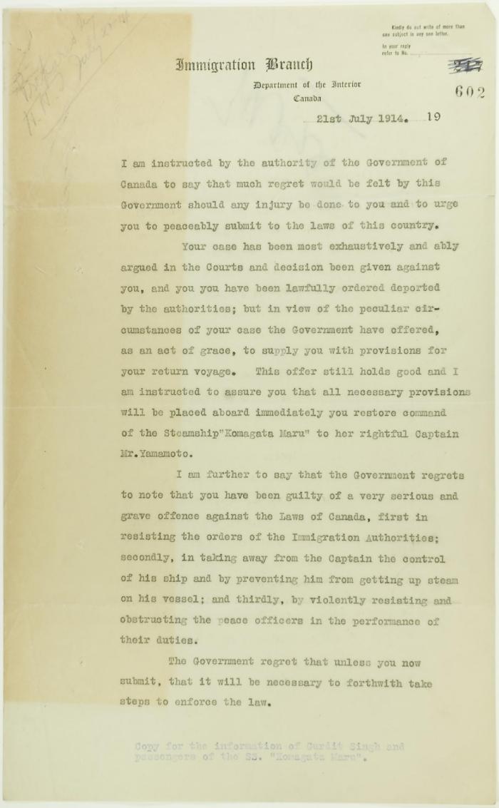 Statement prepared by Stevens for passengers of the Maru re necessity to submit to the law