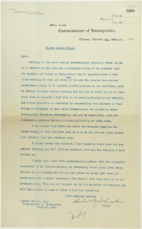 Copy of letter from Herbert G. Johnston to J. Bruce Walker, Commissioner of Immigration, Winnipeg, recommending the New Israel Colony from Russia