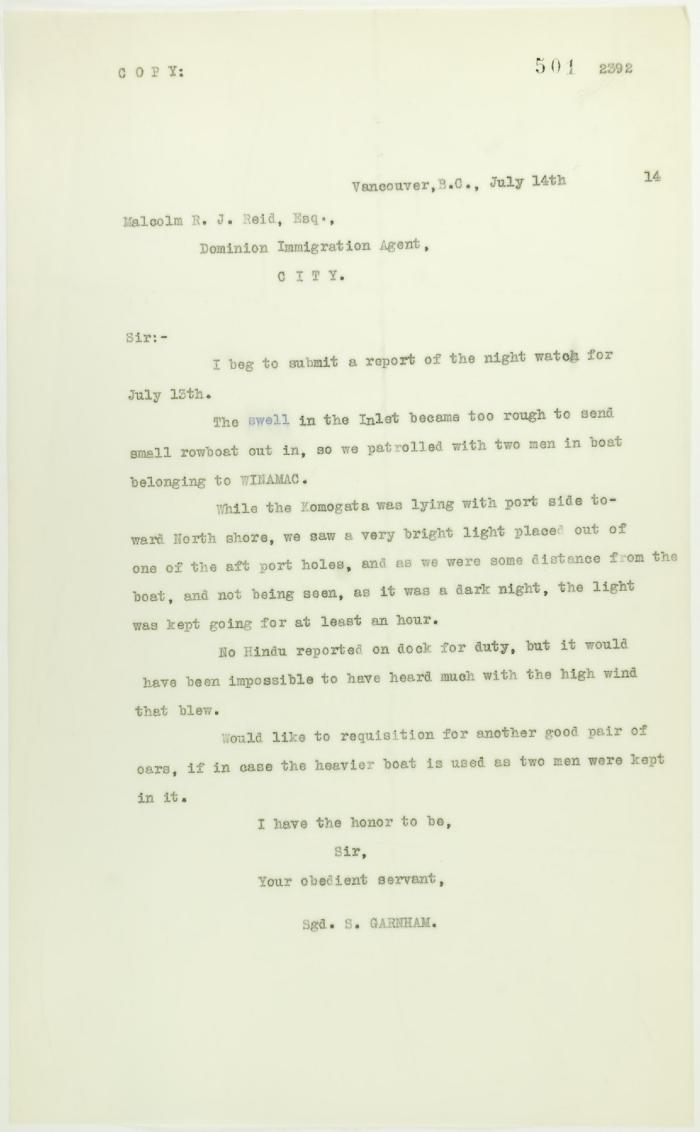 Copy of letter from S. Garnham to Reid re night watch