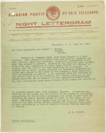 Copy of telegram from Stevens to R. L. Borden re departure of ship and antagonism of the Japanese consul