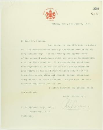 Letter from R. L. Borden to Stevens, in appreciation of his assistance in connection with the Hindu question