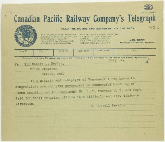 Telegram from E. Russell Purvis, Vancouver, to R. L. Borden commending action re Maru