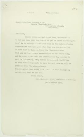 Copy of letter from J. E. Bird to C. Gardner Johnson re preparation for departure of ship