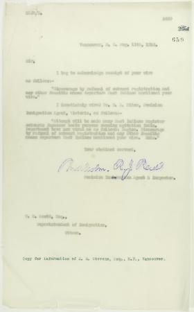 Copy of letter from Reid to W. D. Scott re emigration to India of Hindu agitators