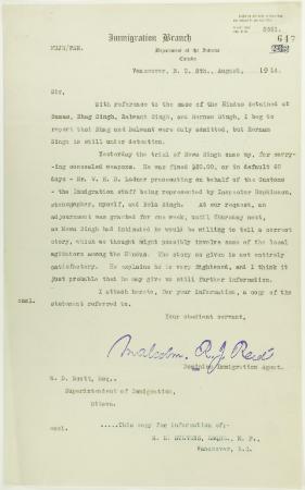 Copy of letter from Reid to W. D. Scott re Hindus detained at Sumas, and enclosing a statement by Mewa Singh