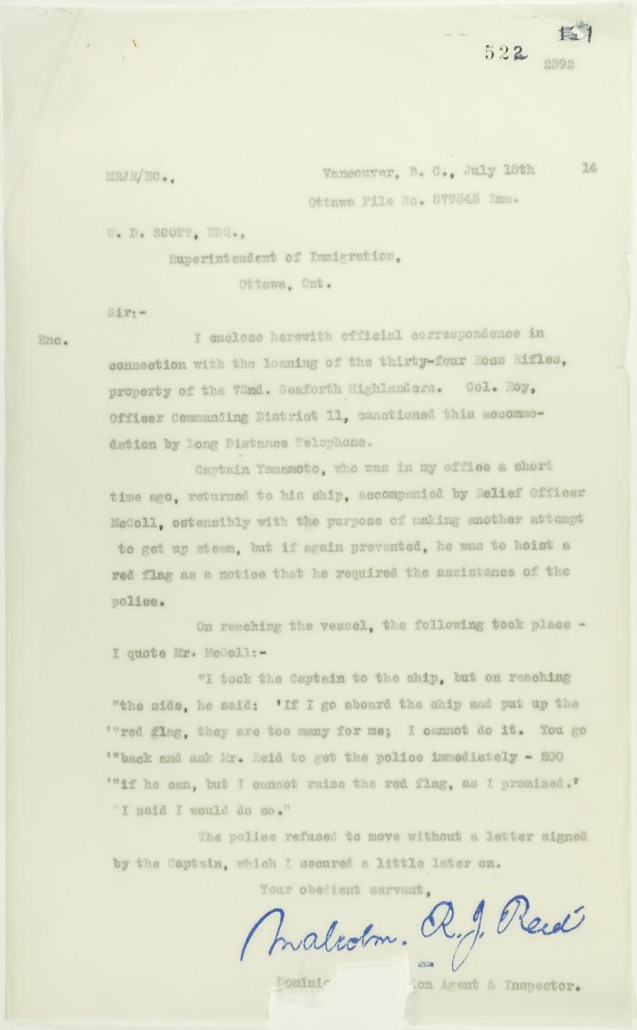 Copy of letter from Reid to W. D. Scott re police intervention to get ship under steam