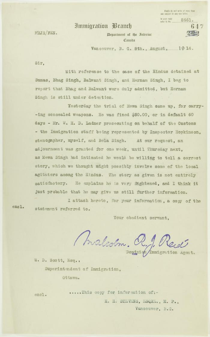 Copy of letter from Reid to W. D. Scott re Hindus detained at Sumas, and enclosing a statement by Mewa Singh