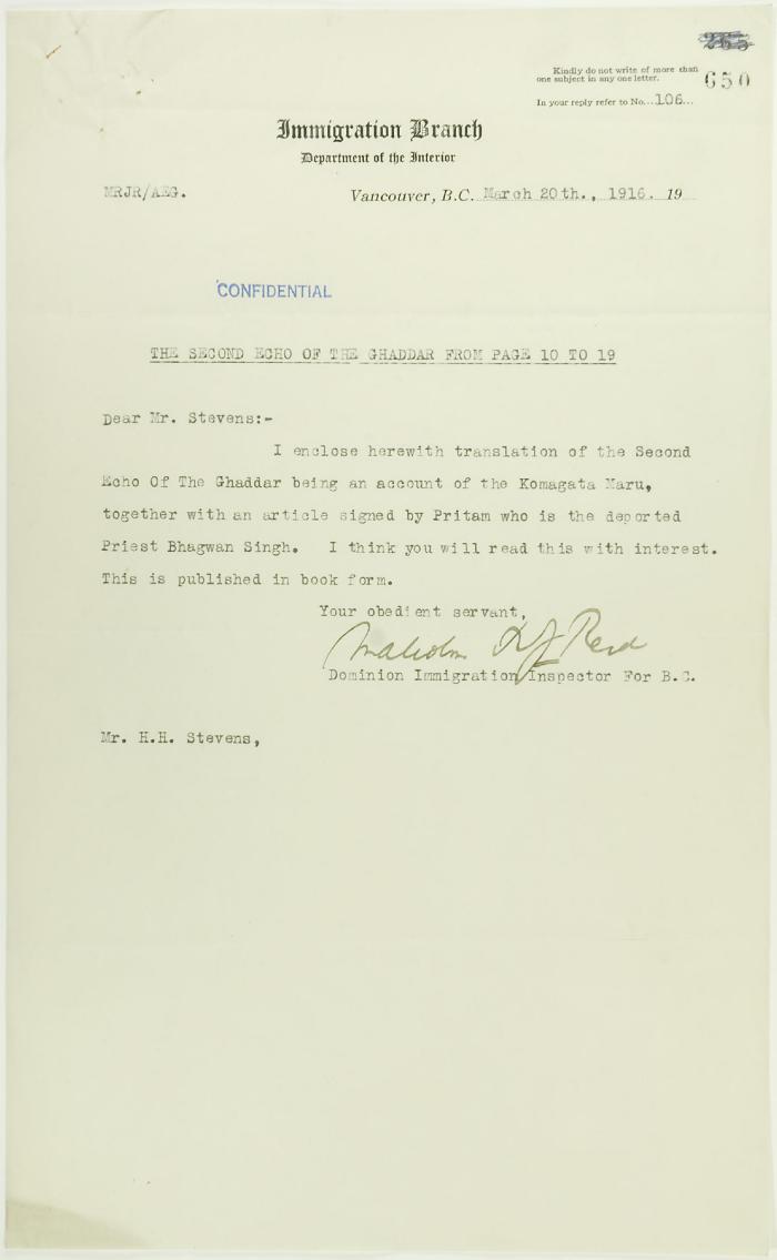 Letter from Reid to Stevens re an account of the Komagatu Maru