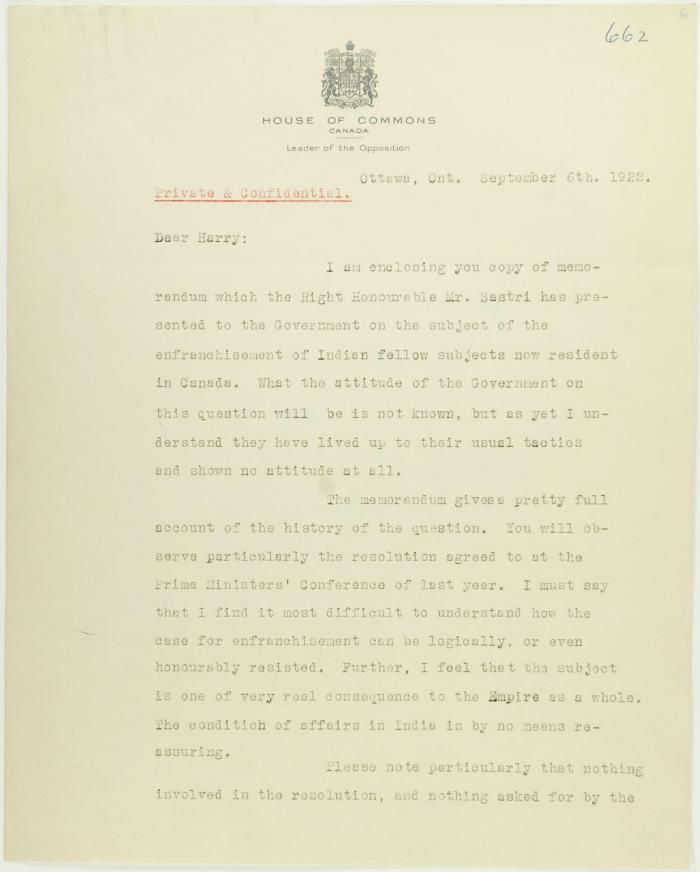 Letter from Arthur Meighen to Stevens re enfranchisement of Indian subjects. Page 1-2