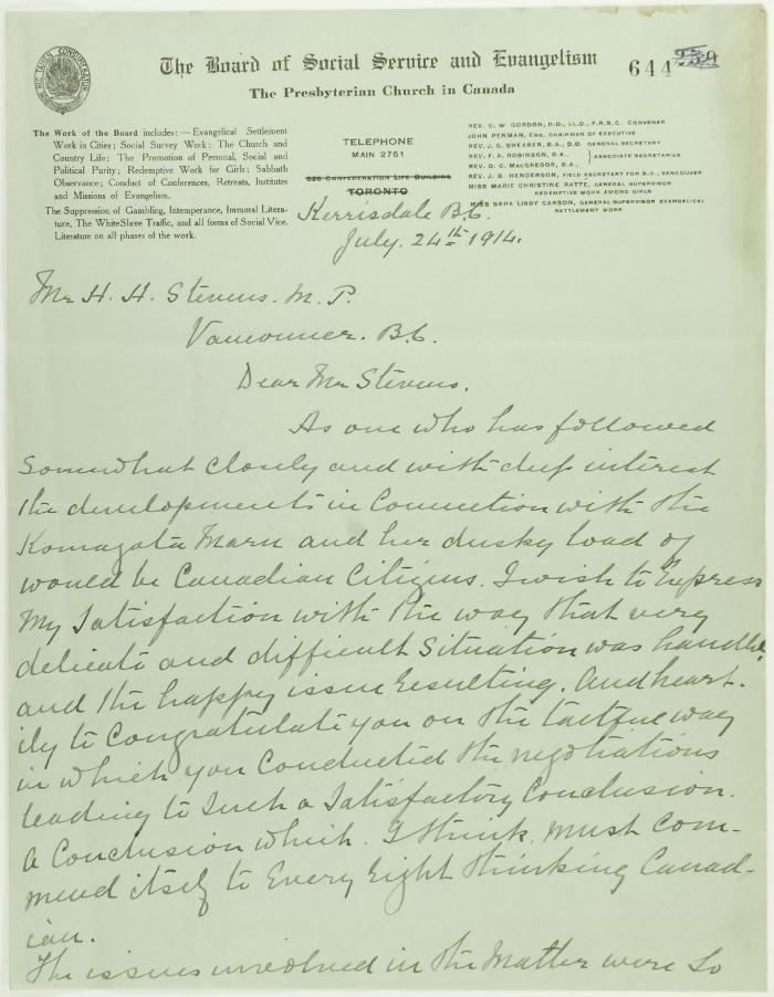Letter of congratulation from the Rev. J. S. Henderson, Presbyterian Church, to Stevens. Page 1-2