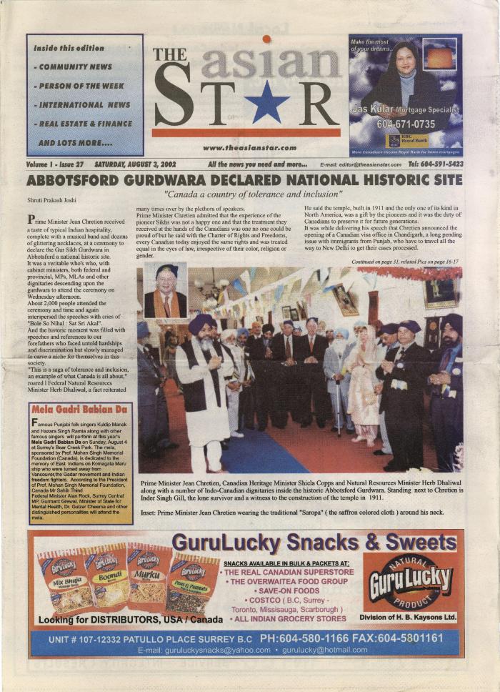 Newsclipping - The Asian Star: Abbotsford Gurdwara declared national historic site