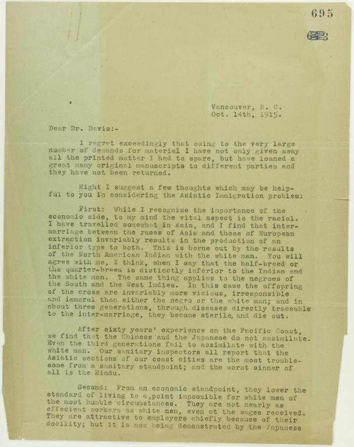 Copy of letter from Stevens to Dr. Davis re the Asiatic Immigration problem. Page 1-3