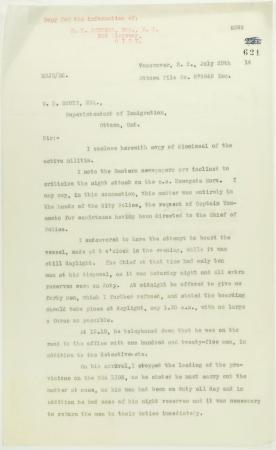 Copy of letter from Reid to W. D. Scott re dismissal of militia and re last provisioning of the Maru. Page 1-2
