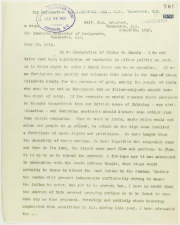 Copy of letter from K. J. Grant to Reid re advisability of settlement of immigrants here. Page 1-4