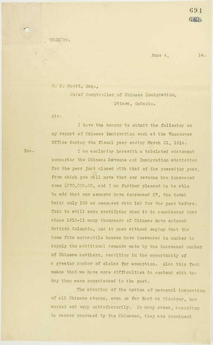 Copy of letter from Reid to W. D. Scott, being his report of Chinese Immigration work at the Vancouver Office. Page 1-4