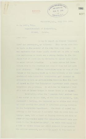Copy of letter from R. L. Reid, Agent for the Minister of Justice, to W. D. Scott re procedure of the Boards of Enquiry, and the conduct of the officers of the Immigration Department. Page 1-6