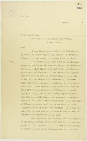 Copy of letter from Reid to W. D. Scott, being his report of Chinese Immigration work at the Vancouver Office. Page 1-4