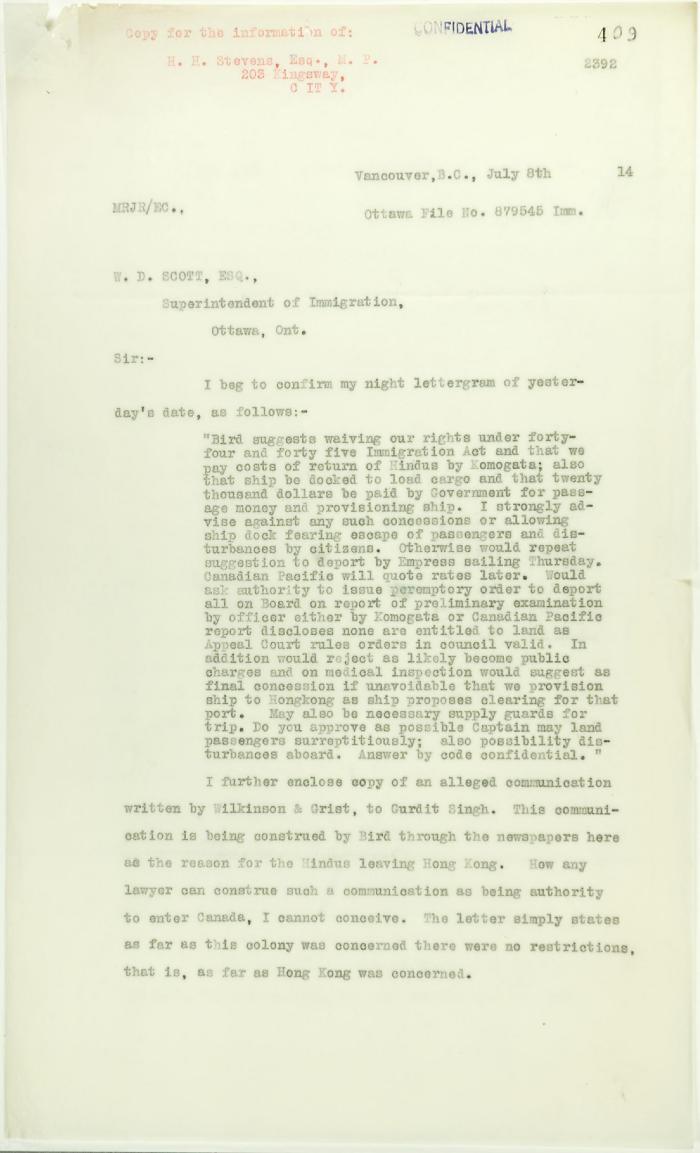 Copy of letter from Reid to W. D. Scott re activities of J. E. Bird. Page 1-3