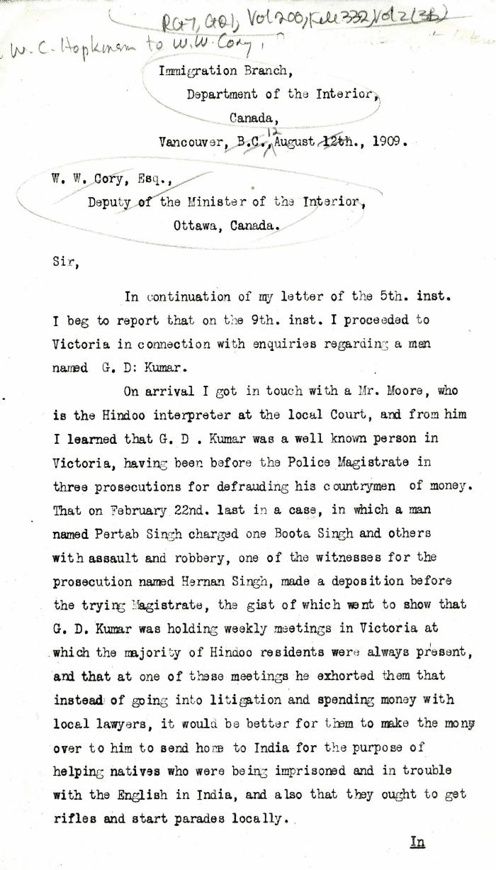 [William C. Hopkinson, Immigration Inspector, to William W. Cory, Deputy Minister of the Interior]