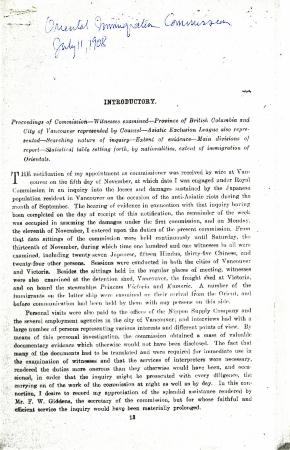 [Oriental Immigration Commission (Report of W. L. Mackenzie King, Commissioner Appointed to Enqurie into the Methods by Which Oriental Labourers Have Been Induced to Come to Canada)]