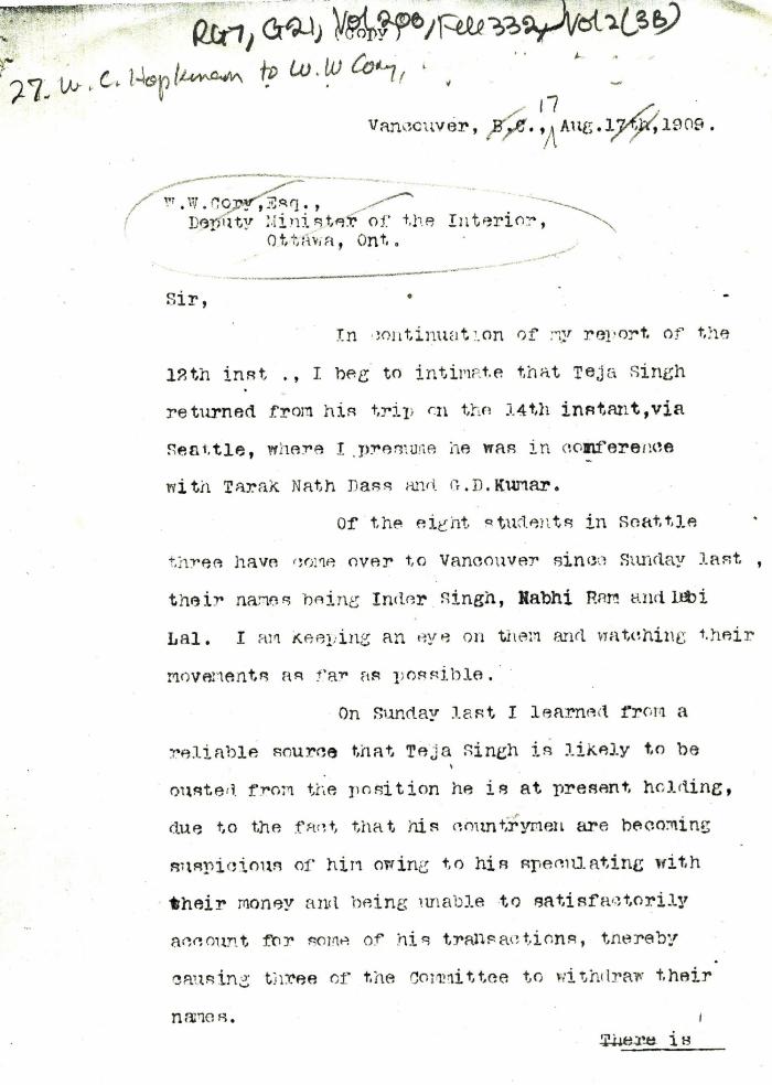 [William C. Hopkinson, Immigration Inspector, to William W. Cory, Deputy Minister of the Interior]