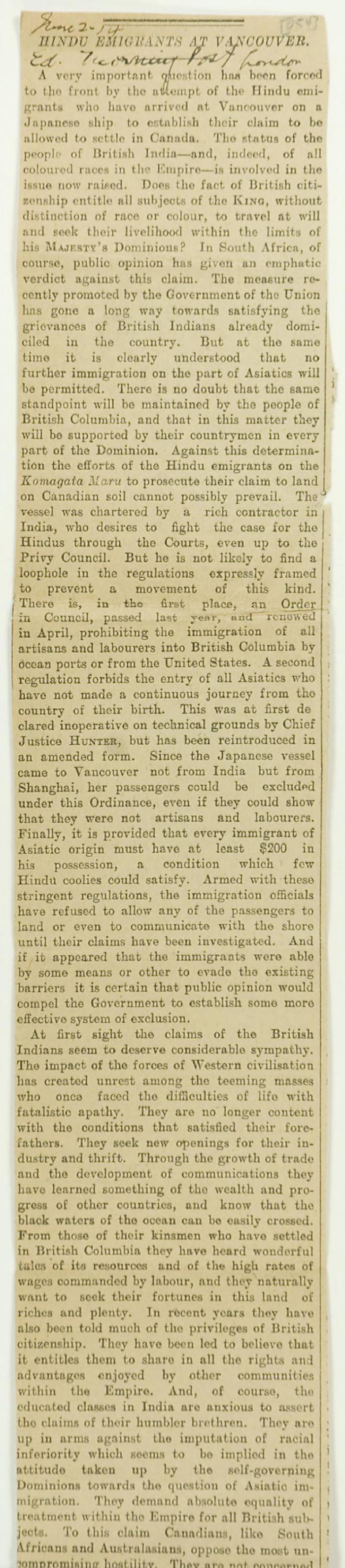 Newsclipping - Hindu emigrants at Vancouver