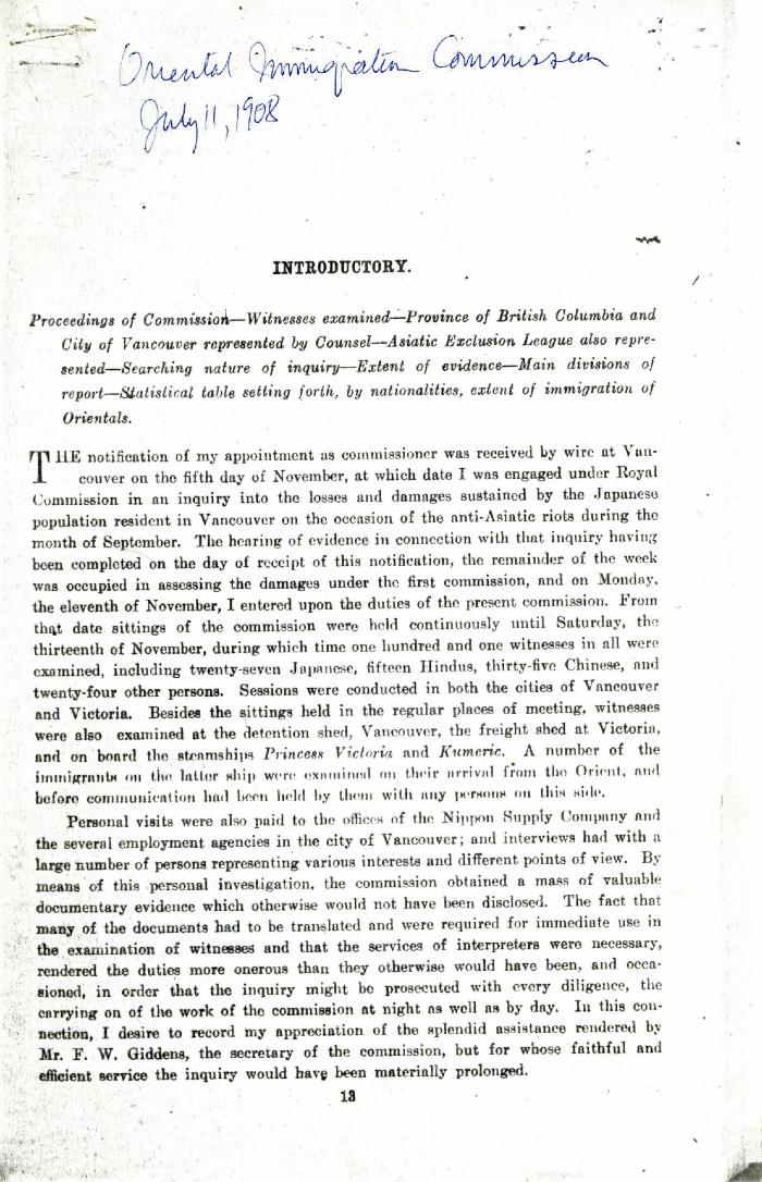 [Oriental Immigration Commission (Report of W. L. Mackenzie King, Commissioner Appointed to Enqurie into the Methods by Which Oriental Labourers Have Been Induced to Come to Canada)]