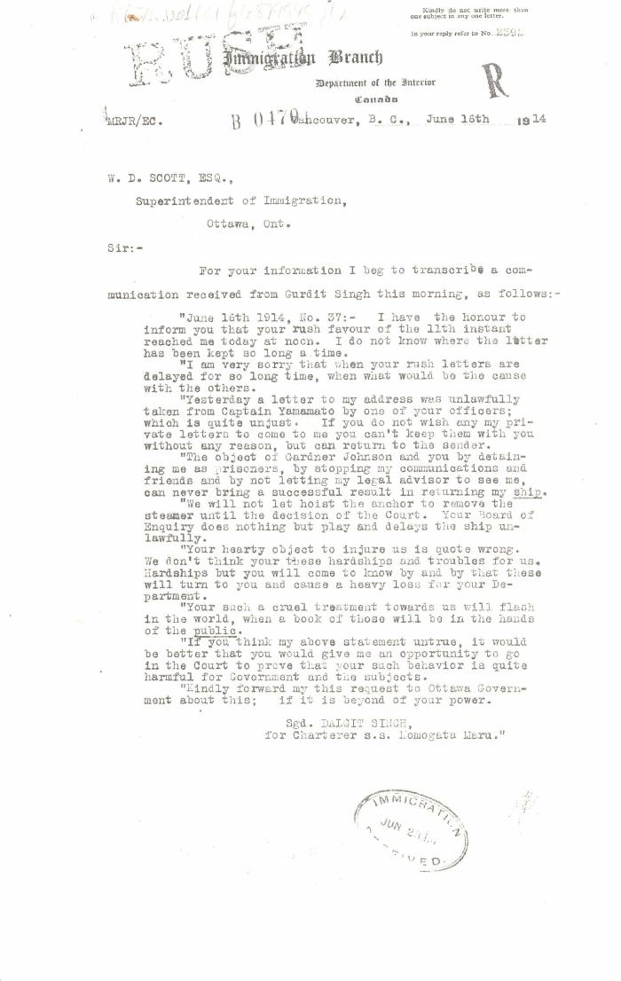 [Malcolm R. J. Reid, Dominion Immigration Agent, to William D. Scott, Superintendent of Immigration. Original]