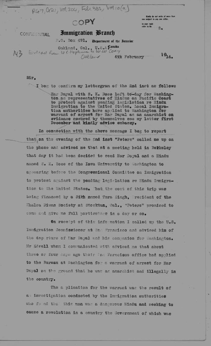 [Extract from William C. Hopkinson, Immigration Inspector, to William W. Cory, Deputy Minister of the Interior. Copy]