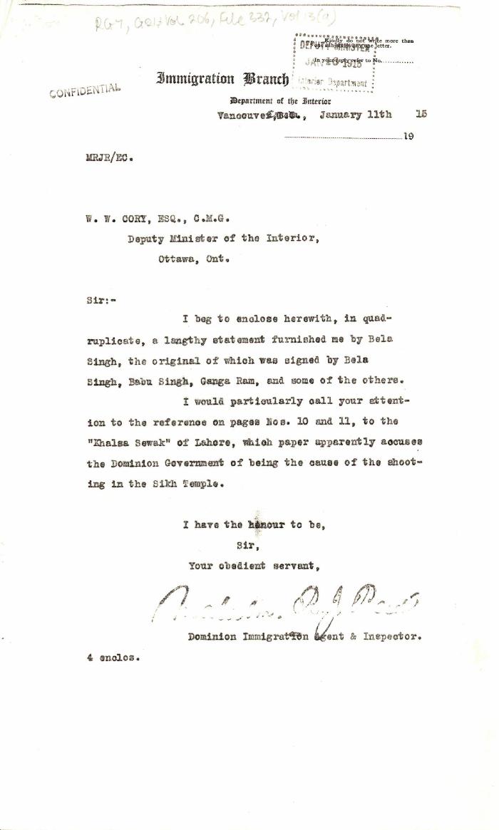 [Malcolm R. J. Reid, Dominion Immigration Agent, to William W. Cory, Deputy Minister of the Interior. With enclosures]