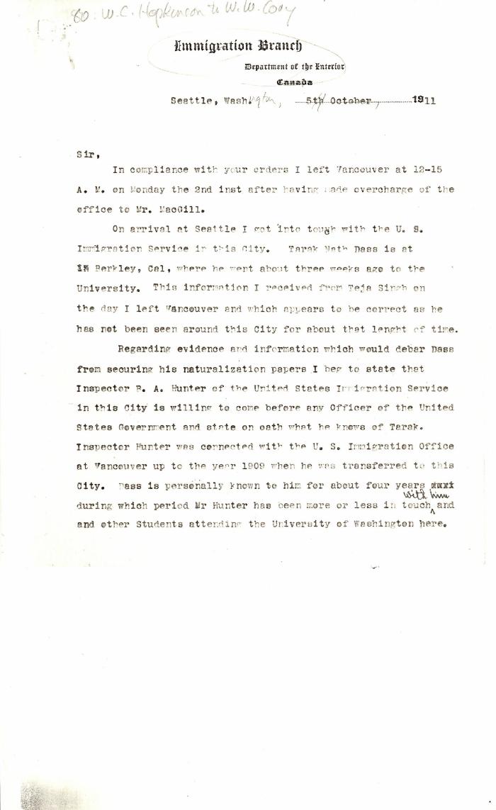 [Extract from William C. Hopkinson, Immigration Inspector, to William W. Cory, Deputy Minister of the Interior]