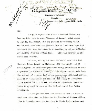 [J. H. MacGill, Immigration Agent, Vancouver, to William D. Scott, Superintendent of Immigration. Original]