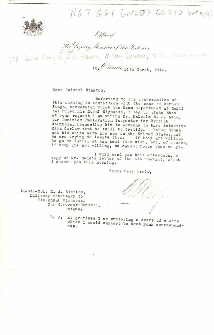 [William W. Cory, Deputy Minister of the Interior, to Lieut.-Col. E. A. Stanton, Military Secretary to the Governor General]