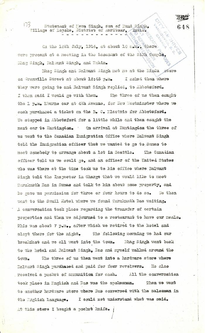Statement of Mewa Singh, son of Nand Singh, Village of Lopoke, District of Amritsar, India