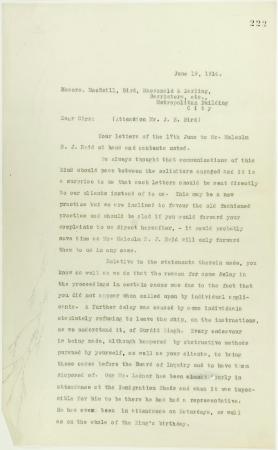 Copy of letter from Bowser, Reid and Wallbridge to Mr. J. E. Bird re complaint (see p. 182). Page 1-2